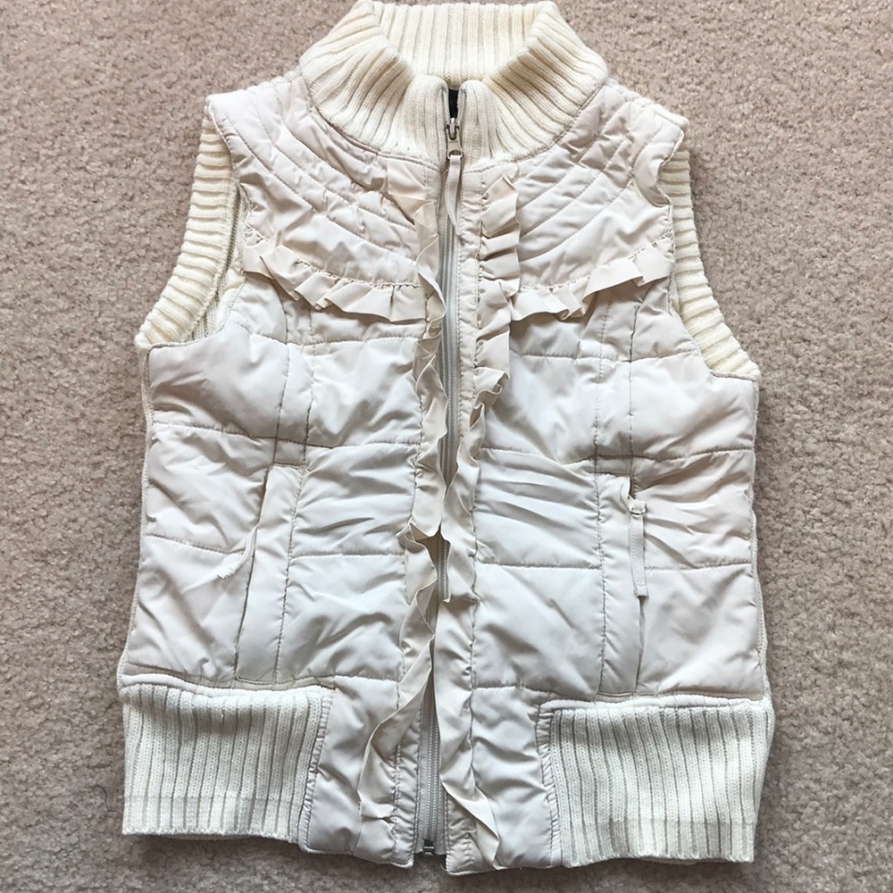White sweater puff vest with ruffles